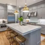 Gray painted kitchen island with white shaker cabinets, cabinet painting inspiration for Delmar, NY kitchens